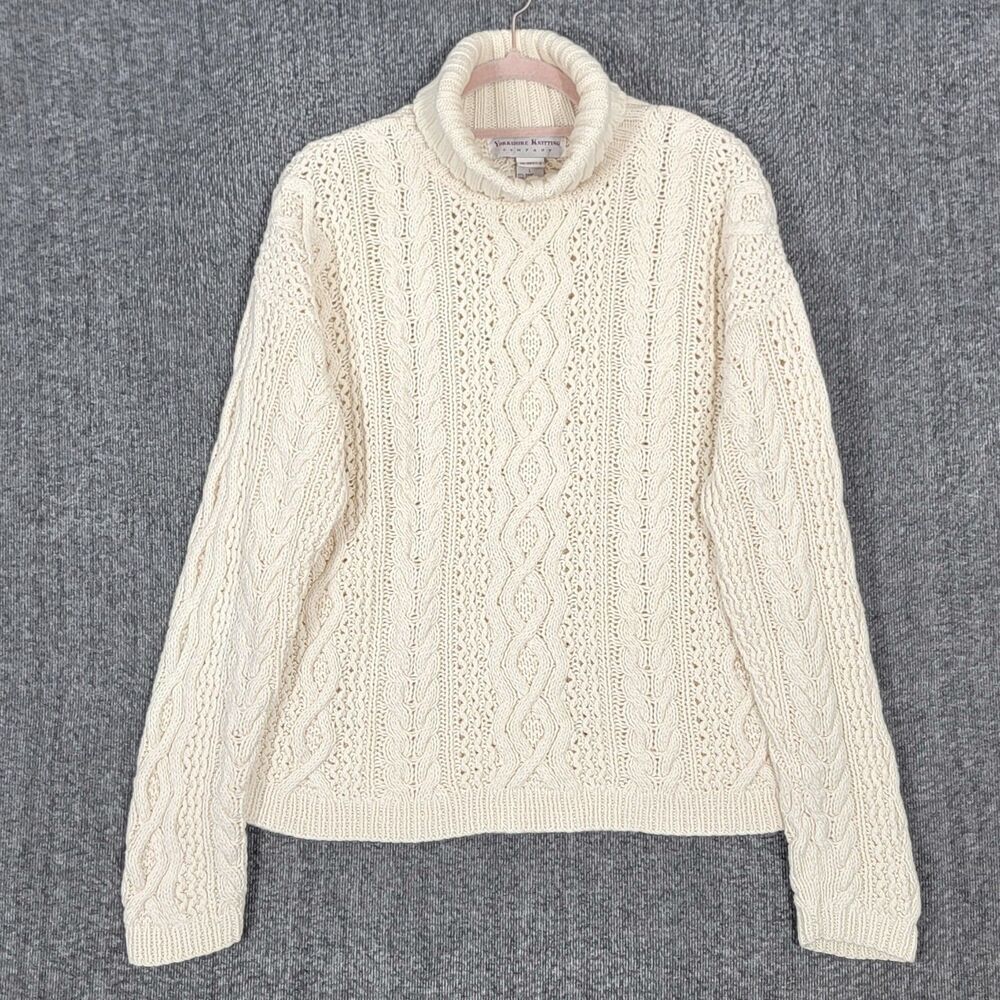 Yorkshire Knitting Company Turtleneck Sweater Large Cream Fisherman Cable Knit